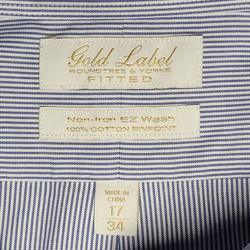 Roundtree & Yorke Mens Blue and White Striped Button Up Shirt Size 17 / 34 - Picture 5 of 11